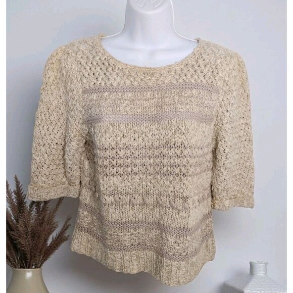 Vintage 80s Evan Picone Linen Silk Blend Hand Knit Sweater Size S Bobbles Beige - Picture 1 of 6